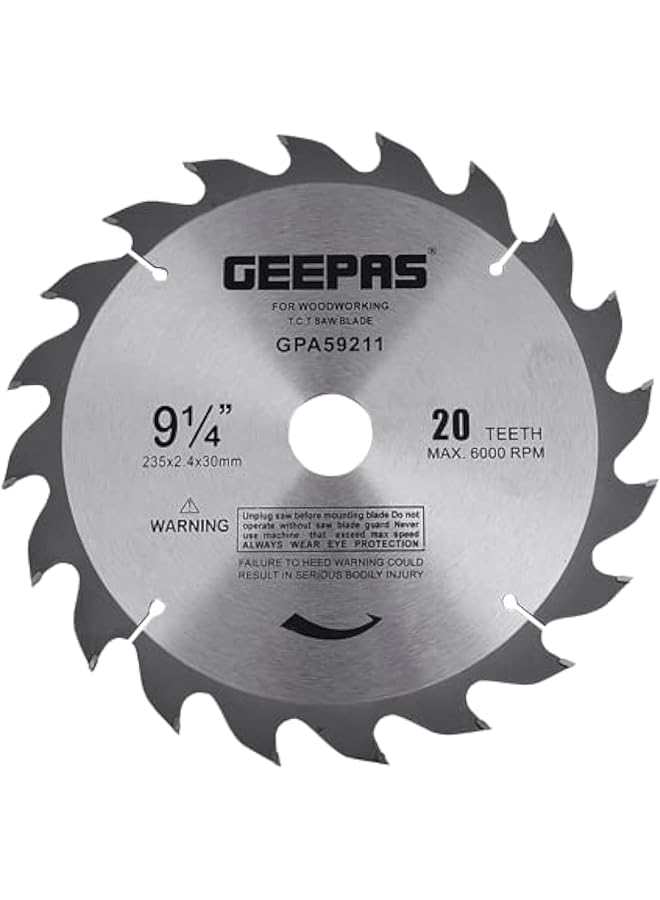 GEEPAS Professional Circular Saw Blade 235 Mm X 2.4 Mm X 30 Mm Size 20 Teeth Silver Black  - Image 1