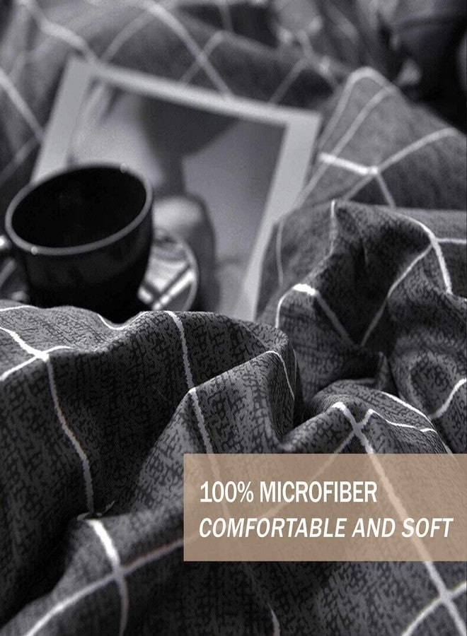 Nanko Black Full Size Duvet Cover Set, Dark Plaid Grid Geometric 3 Pieces 80x90 Luxury Microfiber Quilt Bedding Cover with Zipper Closure, Ties - Organic Modern Style Bed Sets for Men and Women Teen - Image 4