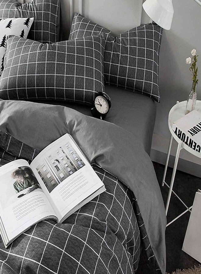 Nanko Black Full Size Duvet Cover Set, Dark Plaid Grid Geometric 3 Pieces 80x90 Luxury Microfiber Quilt Bedding Cover with Zipper Closure, Ties - Organic Modern Style Bed Sets for Men and Women Teen - Image 3