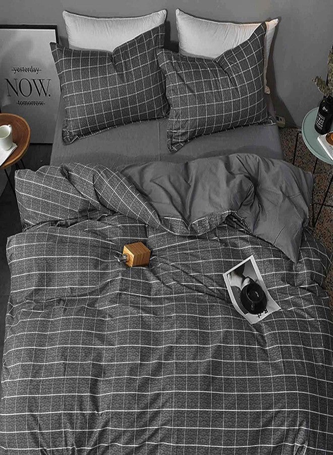 Nanko Black Full Size Duvet Cover Set, Dark Plaid Grid Geometric 3 Pieces 80x90 Luxury Microfiber Quilt Bedding Cover with Zipper Closure, Ties - Organic Modern Style Bed Sets for Men and Women Teen - Image 2