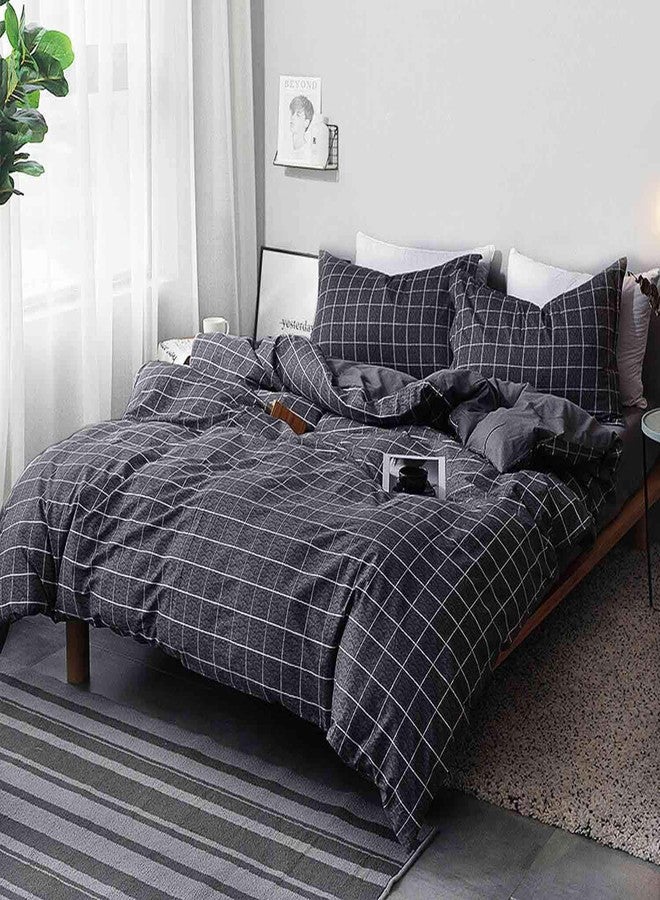 Nanko Black Full Size Duvet Cover Set, Dark Plaid Grid Geometric 3 Pieces 80x90 Luxury Microfiber Quilt Bedding Cover with Zipper Closure, Ties - Organic Modern Style Bed Sets for Men and Women Teen - Image 1