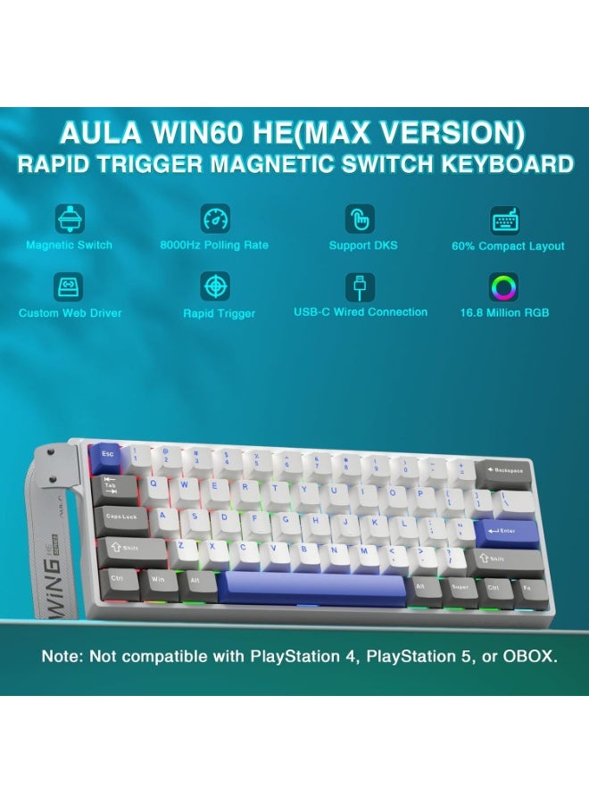 AULA WIN60 HE MAX 60% Wired Magnetic Keyboard with Adjustable Actuation, 8000 Hz Polling Rate, Hall Effect Win Chun Magnetic Switches, Hot-Swap, For FPS Games - Image 2