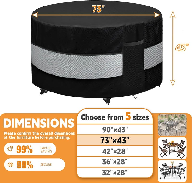 Wnanan Round Patio Bar Height Table and Chair Cover Black Grey Waterproof Up to 10000pa for 73 x 43 Inch Outdoor Round Furniture Set Covers Patio Set Covers - Image 2