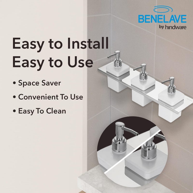 hindware بنلايف بواسطة هيندوير ملحقات الحمام موزع صابون الحمام | مصنوع من الفولاذ المقاوم للصدأ | موزع صابون سائل ثلاثي الأكريليك | أنيق ومريح | موفر للمساحة - Image 5