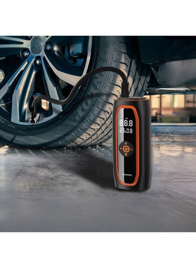 Porodo Voltair Car Tire Inflator with 220 PSI Max Pressure, 30L/min Airflow Rate, Heat Dissipation Vent, Real-Time Pressure Display, Flashlight & SOS, Air Hose & Nozzles Included, Rechargeable Tire Pump for Car, Motorcycle, Bicycle, Ball - Black - Image 3