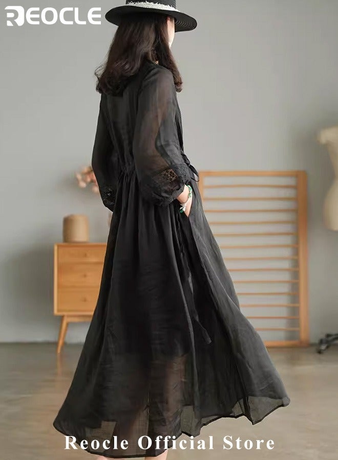 REOCLE Women's Maxi Dresses Smocked Floral Dress Crewneck Lace Tiered Midi Dresses Beach Summer Long Dress Bridesmaid Cocktail Party Maxi Dress - Image 5