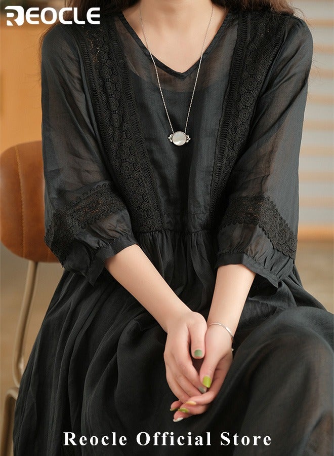 REOCLE Women's Maxi Dresses Smocked Floral Dress Crewneck Lace Tiered Midi Dresses Beach Summer Long Dress Bridesmaid Cocktail Party Maxi Dress - Image 2