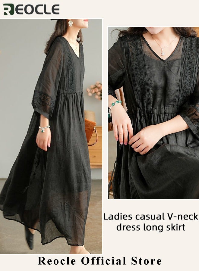 REOCLE Women's Maxi Dresses Smocked Floral Dress Crewneck Lace Tiered Midi Dresses Beach Summer Long Dress Bridesmaid Cocktail Party Maxi Dress - Image 3