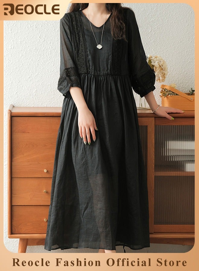 REOCLE Women's Maxi Dresses Smocked Floral Dress Crewneck Lace Tiered Midi Dresses Beach Summer Long Dress Bridesmaid Cocktail Party Maxi Dress - Image 1