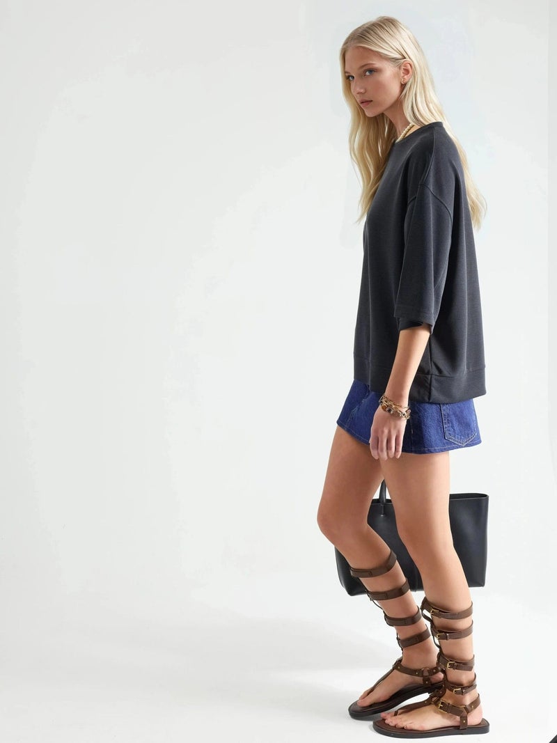 BUSEM Oversized Ribbed Crop Blouse with Crew Neck - Image 2