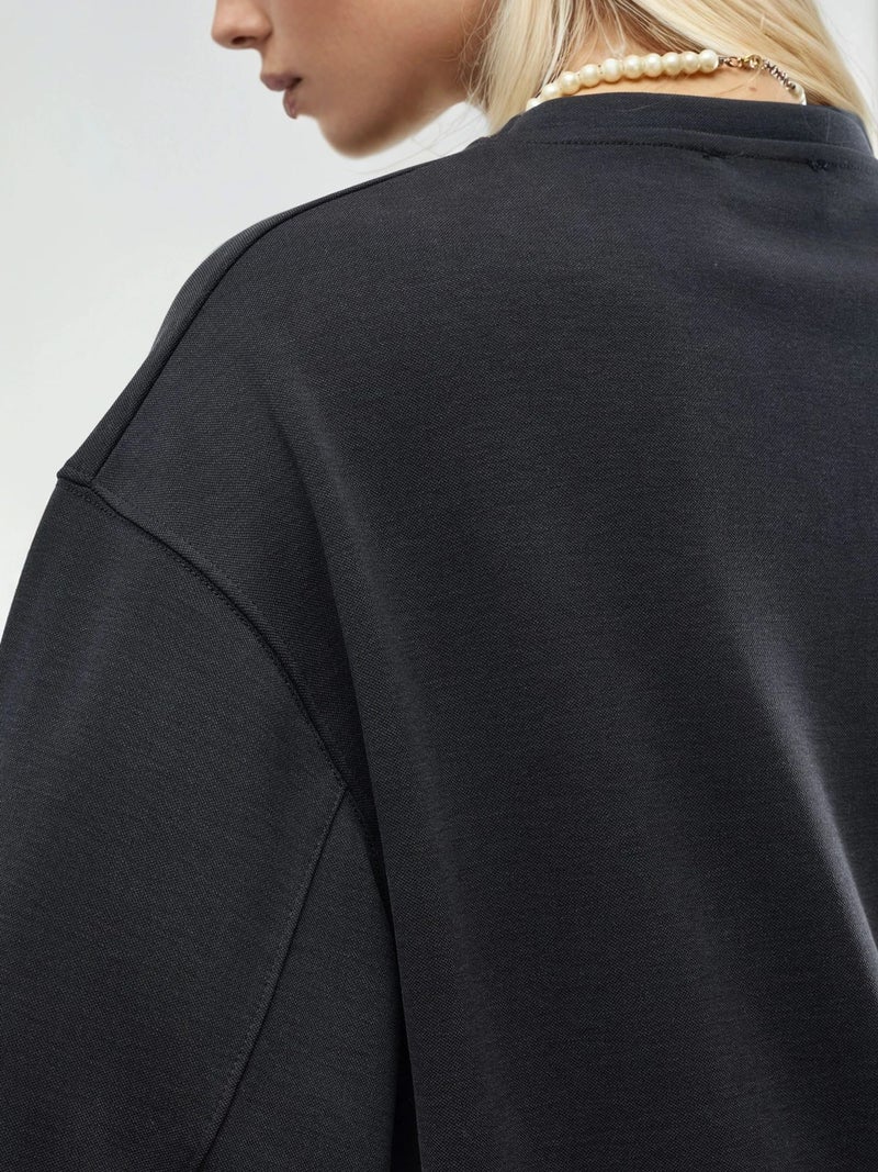 BUSEM Oversized Ribbed Crop Blouse with Crew Neck - Image 5