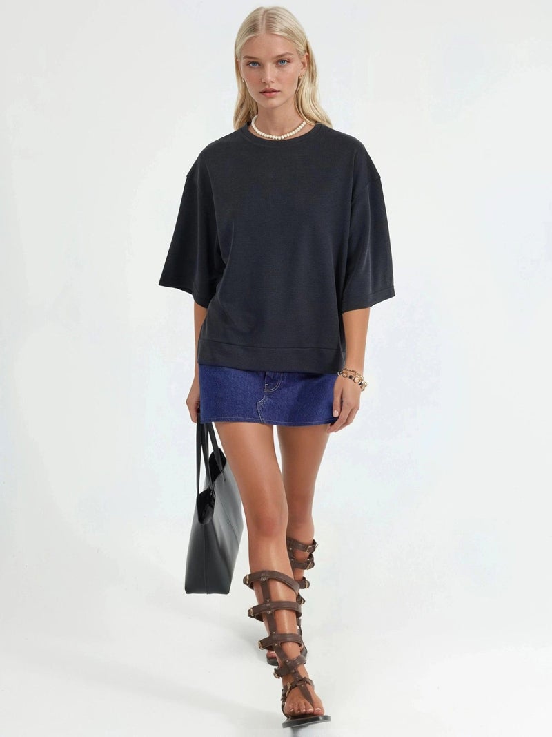 BUSEM Oversized Ribbed Crop Blouse with Crew Neck - Image 3