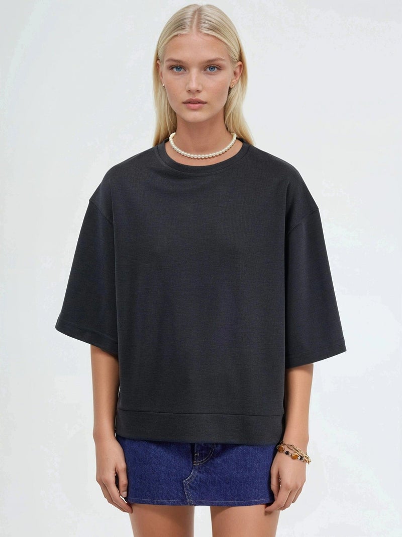 BUSEM Oversized Ribbed Crop Blouse with Crew Neck - Image 1