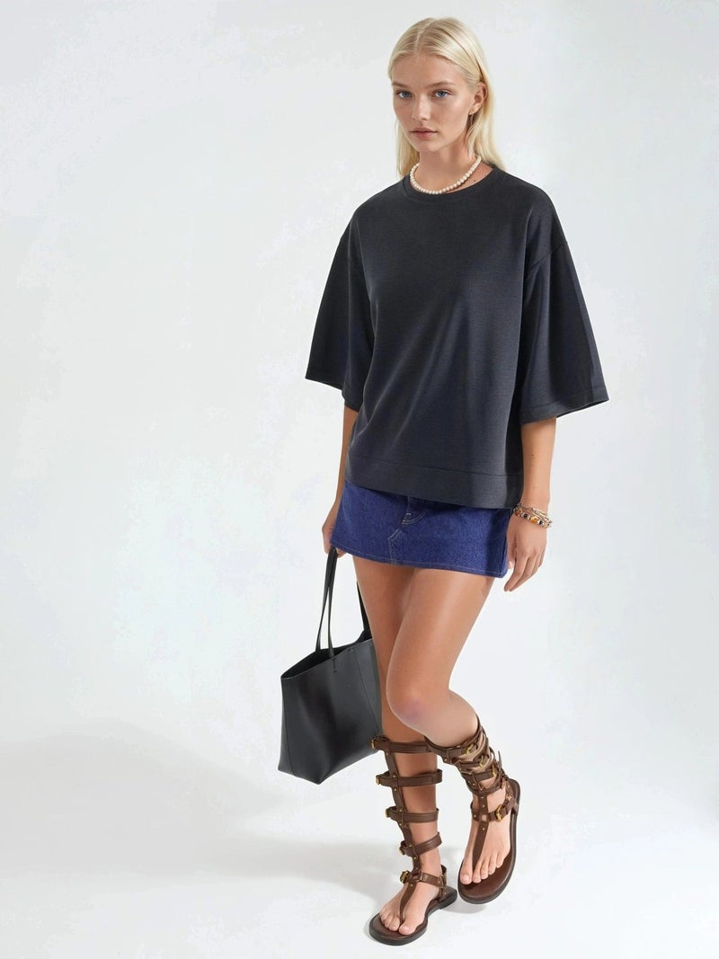 BUSEM Oversized Ribbed Crop Blouse with Crew Neck - Image 4