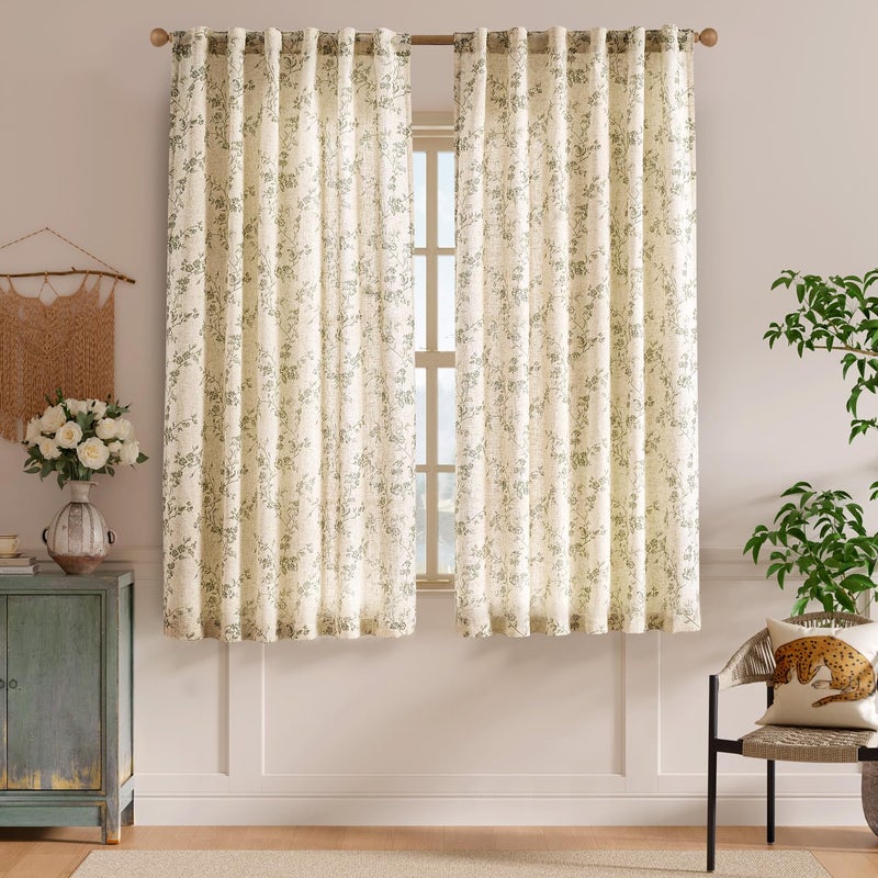 Lazzzy Linen Farmhouse Curtains Green Floral Curtains 63 Inch Length Back Tab Drapes for Living Room Bedroom Light Filtering Country Vintage Rod Pocket Curtain, 2 Panels, Green on Beige - Image 2