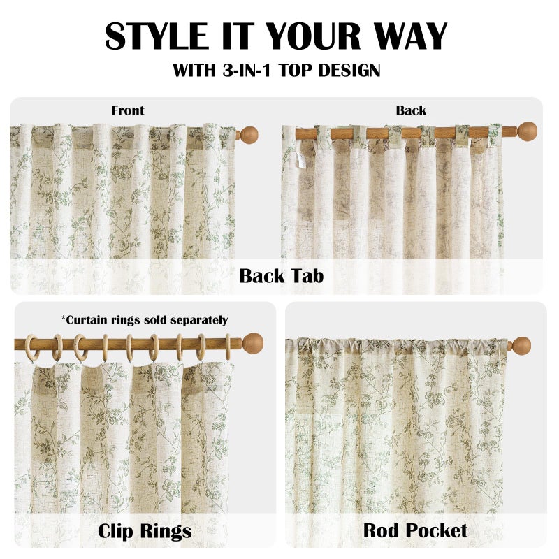 Lazzzy Linen Farmhouse Curtains Green Floral Curtains 63 Inch Length Back Tab Drapes for Living Room Bedroom Light Filtering Country Vintage Rod Pocket Curtain, 2 Panels, Green on Beige - Image 5