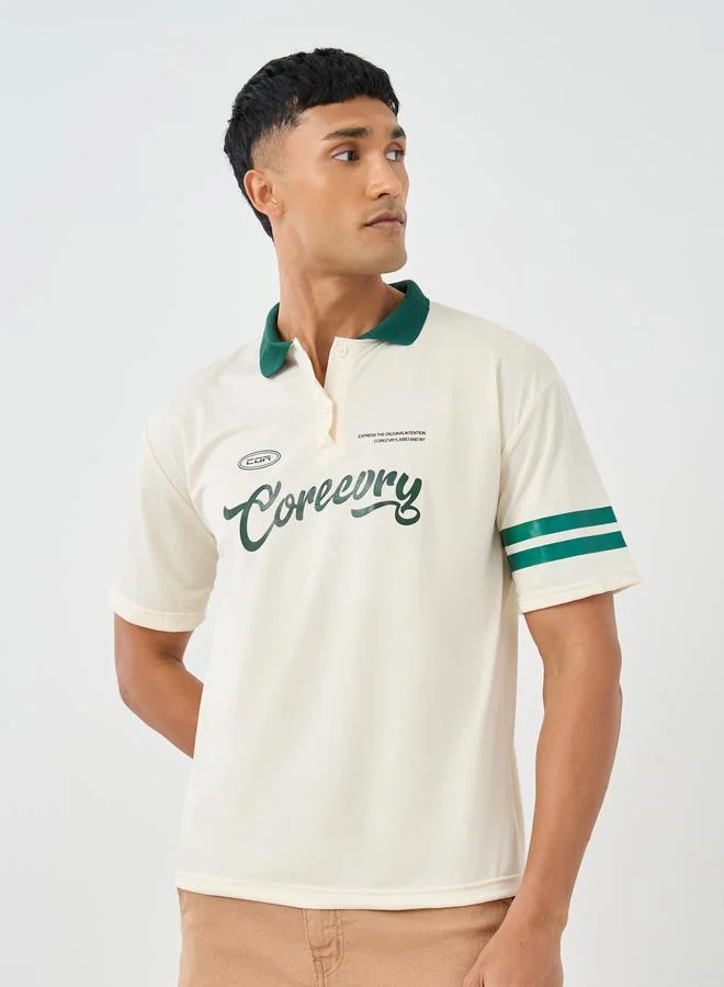 Oversized Varsity Print Polo Neck T-Shirt