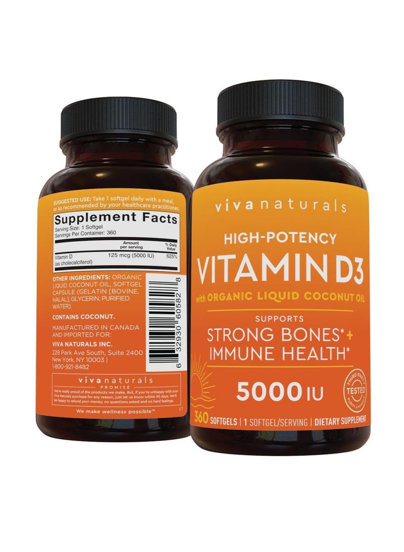 Viva Naturals Vitamin D3 5000 IU Softgels - 360 Count 125 mcg Softgel, Essential D3 Vitamin, Supports Bone Health, Immune Support, Premium Vitamin D, High Potency Vitamin D 5000 IU  - Image 1