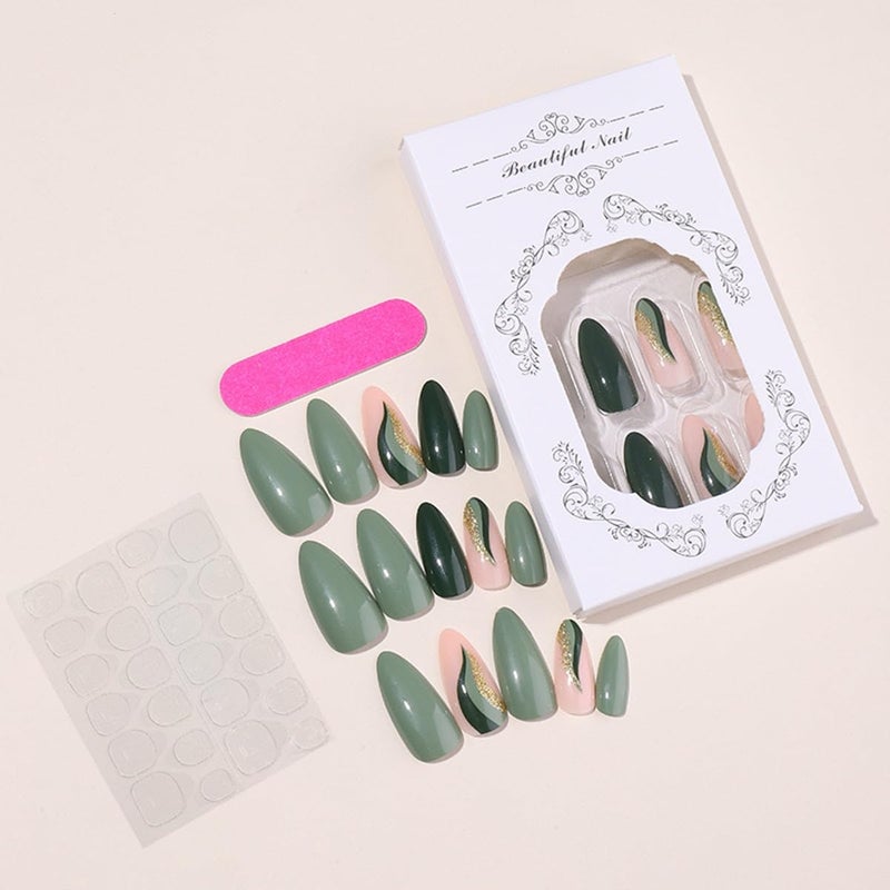 CTTHNBD Press on Nails Green - Medium Almond Fake Nails with Gold Foil Design - Christmas, Glossy Full Cover Stick on Nails - for Women 24 Pcs - Image 3