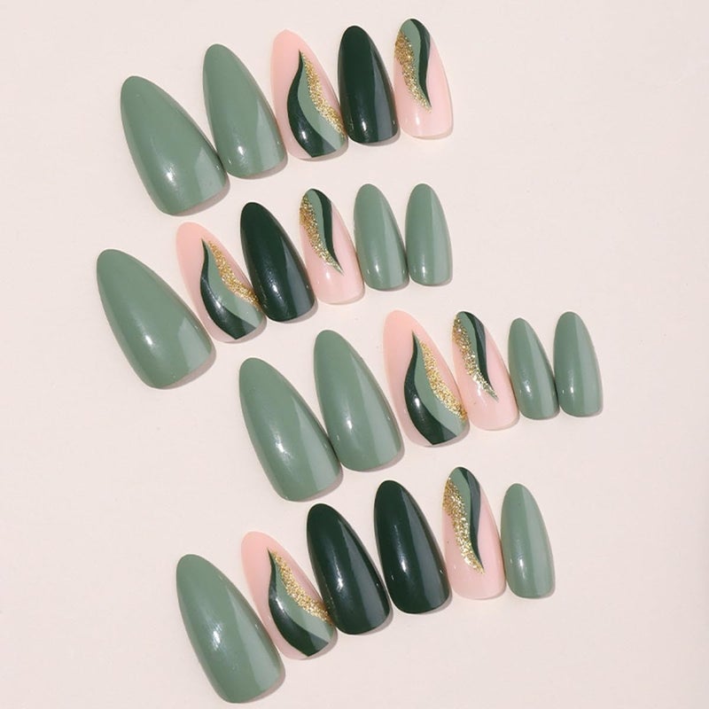 CTTHNBD Press on Nails Green - Medium Almond Fake Nails with Gold Foil Design - Christmas, Glossy Full Cover Stick on Nails - for Women 24 Pcs - Image 2