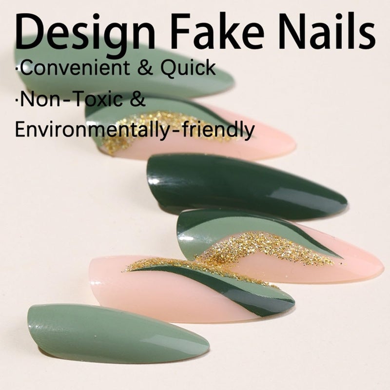 CTTHNBD Press on Nails Green - Medium Almond Fake Nails with Gold Foil Design - Christmas, Glossy Full Cover Stick on Nails - for Women 24 Pcs - Image 4
