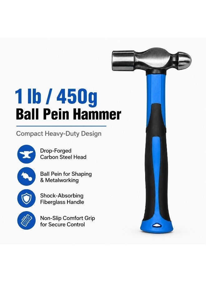 1 lb Fiberglass Handle Ball Pein Hammer with Steel Head and Non-Slip Grip, Heavy Duty Hand Tool for Workshop, Garage, Metalwork and DIY WK-17052 - Image 2