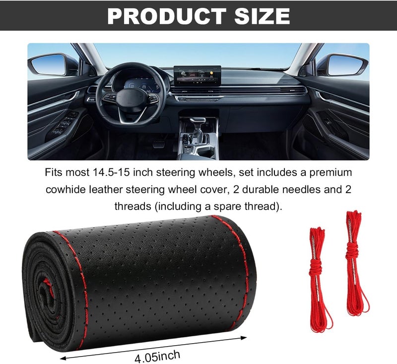 Wevdn Genuine Leather Steering Wheel Cover, Stitch on Wrap, DIY Sewing Steering Wheel Protector, 15 Inch Breathable Non-Slip Steering Wheel Protector, Car Accessories (Black&Red, Full Hole) - Image 2