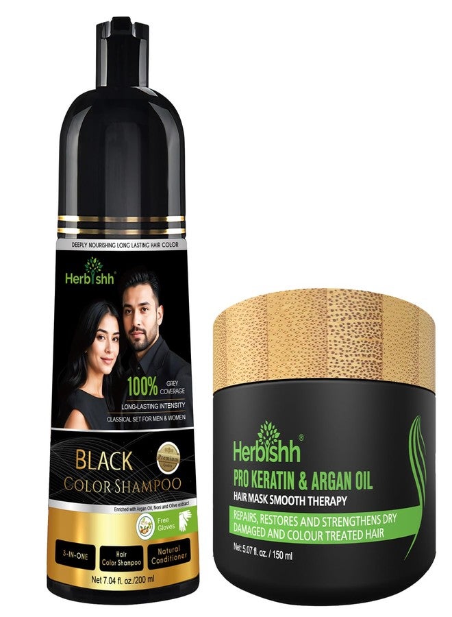 Herbishh Permanent Hair Color Shampoo Black 200ml + Argan Hair Mask (150ml) | Ammonia-Free 3-in-1 Dye Shampoo for Men & Women | Mess-Free - Image 1