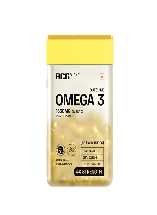 Ace Blend Outshine Omega 3 Fish Oil Capsules (60 Softgels) | 1650 Mg with 743 EPA & 528 DHA | 2 capsules for 4X Strength for Men & Women | No Fishy Burps | Supports Heart, Brain, Joints, Eye Health - Image 1