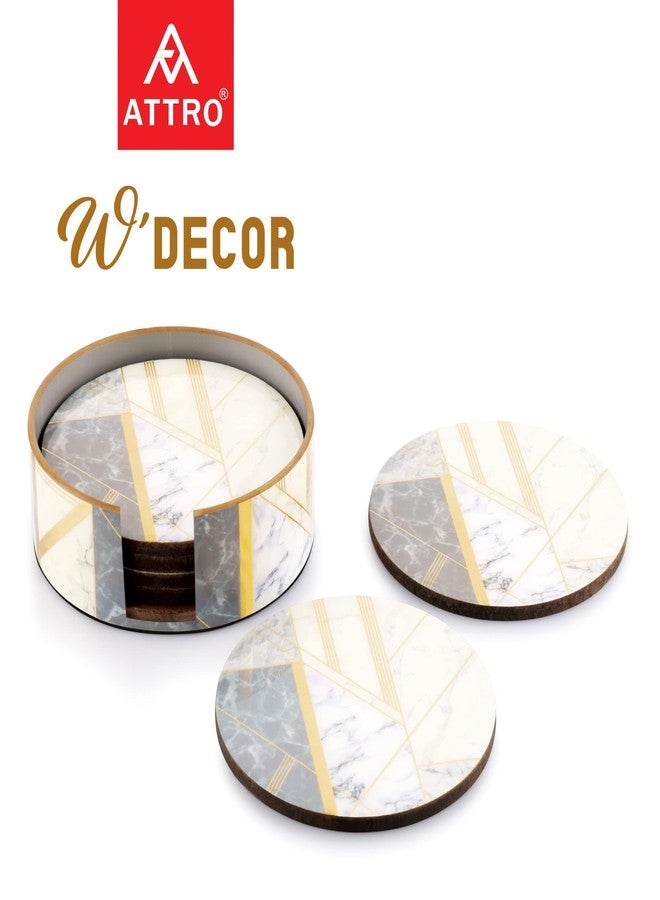 Attro Marble Gold Designer Wooden Round Coaster Set for Room Décor, Office, Tea, Coffe and Drink - 6pcs, Multicolour, Standard - Image 2