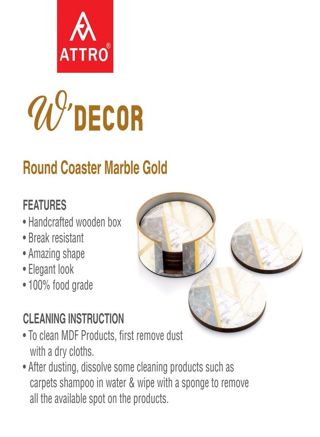 Attro Marble Gold Designer Wooden Round Coaster Set for Room Décor, Office, Tea, Coffe and Drink - 6pcs, Multicolour, Standard - Image 3