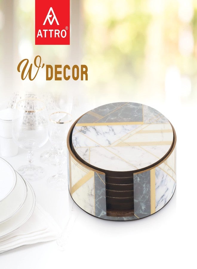 Attro Marble Gold Designer Wooden Round Coaster Set for Room Décor, Office, Tea, Coffe and Drink - 6pcs, Multicolour, Standard - Image 5