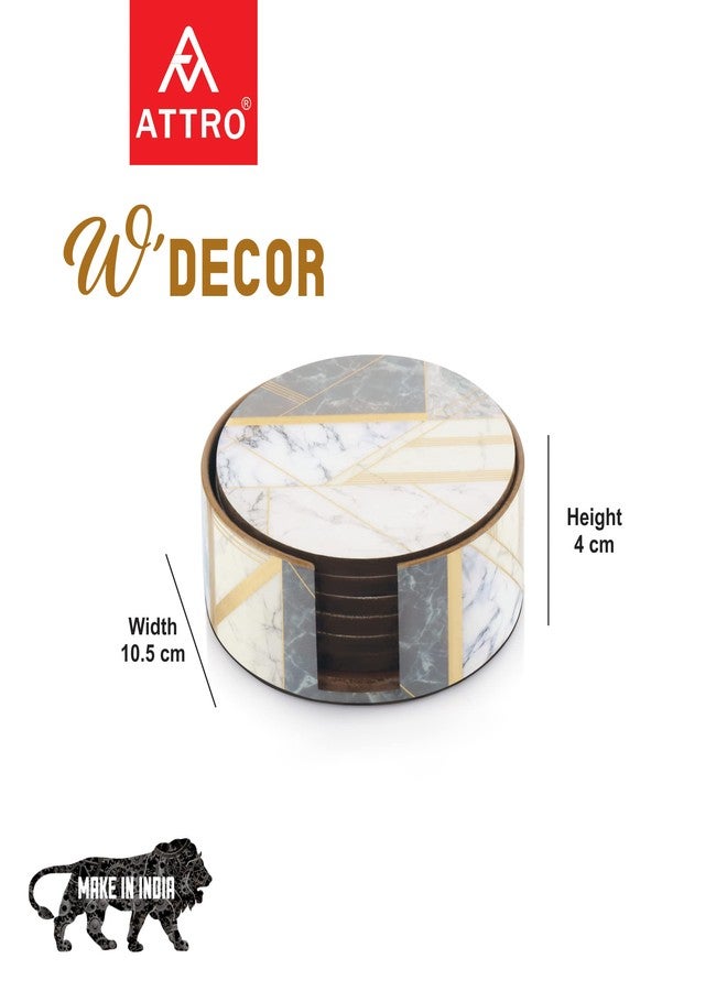 Attro Marble Gold Designer Wooden Round Coaster Set for Room Décor, Office, Tea, Coffe and Drink - 6pcs, Multicolour, Standard - Image 4