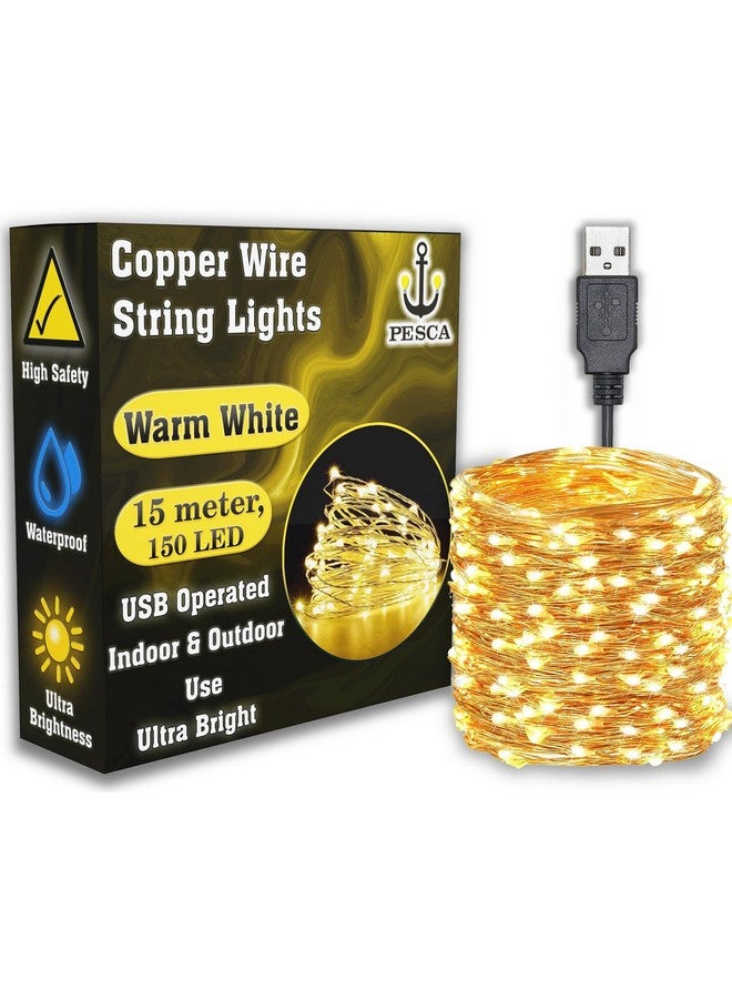PESCA PESCA Copper String Led Light 15 Meter 150 LED USB Powered Wire Decorative Fairy Lights - Warm White (Pack of 1)  - Image 1