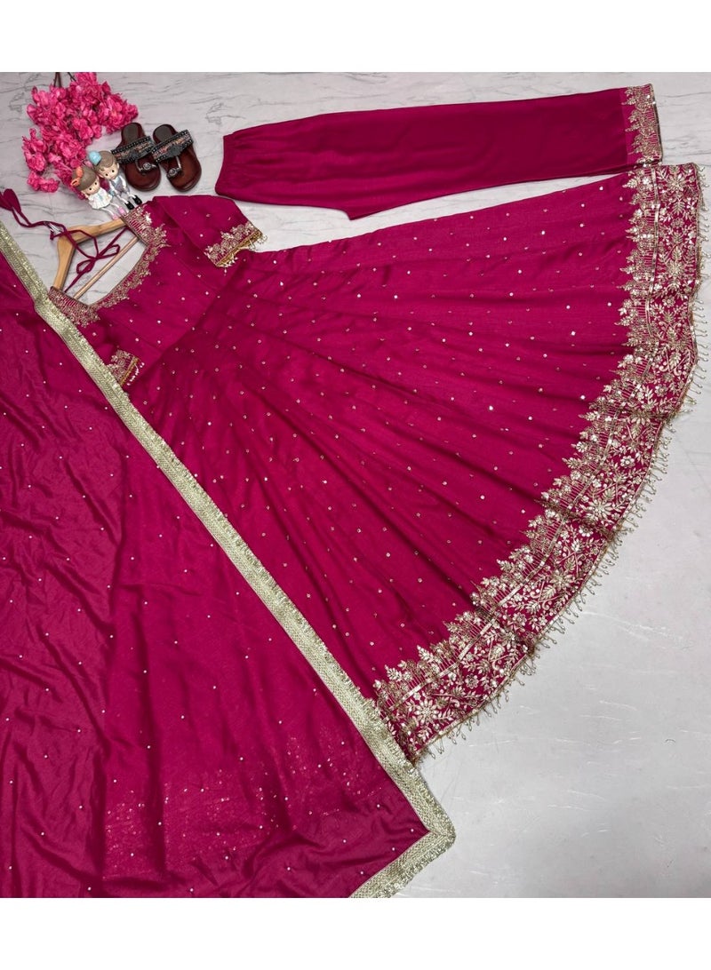 Super Asian Designer Anarkali Gown Set with Palazzo & Dupatta – Premium Embroidery & Fancy Lace Work - Image 3