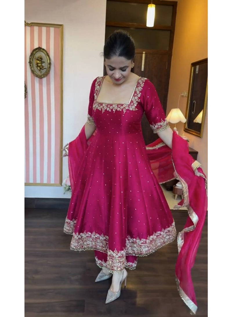 Super Asian Designer Anarkali Gown Set with Palazzo & Dupatta – Premium Embroidery & Fancy Lace Work - Image 1