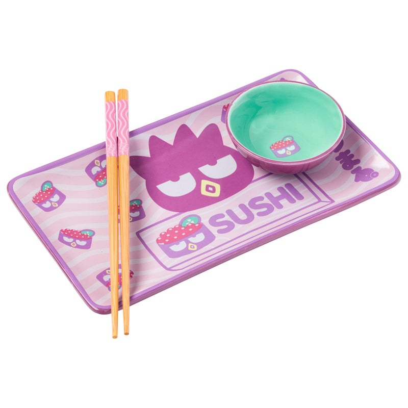 Silver Buffalo Sanrio Hello Kitty and Friends BadtzMaru Japanese Roe Purple Ceramic Sushi Set with Dipping Sauce Dish and Matching Chopsticks - Image 2