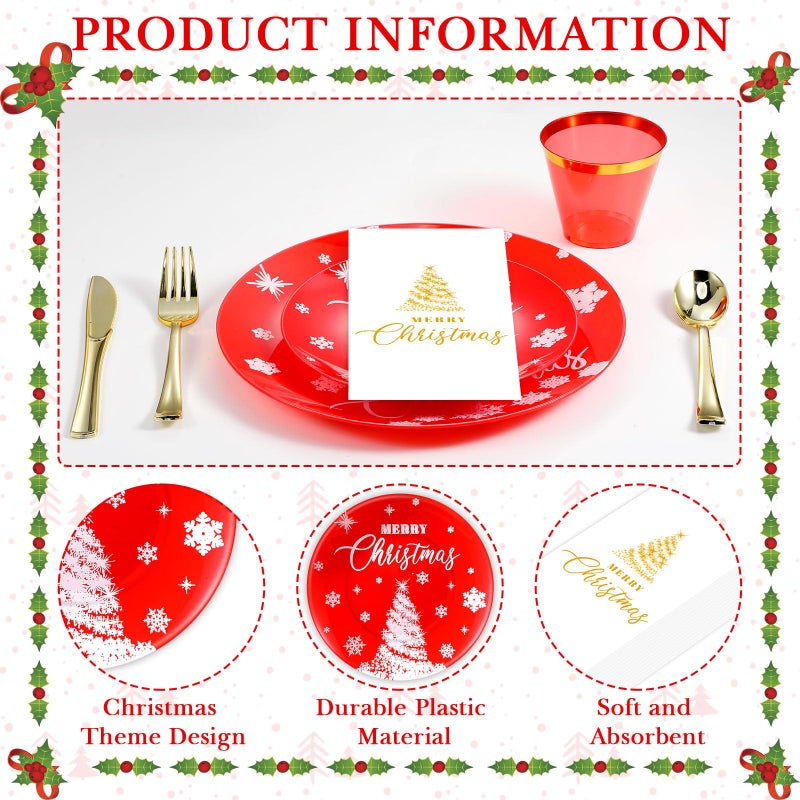 Maxcheck Maxcheck 175 Pcs Christmas Plastic Dinnerware Merry Christmas Plate Set 25 Dinner Plate 25 Dessert Plate 25 Napkin 25 Fork 25 Knives 25 Spoon 25 Cup for Xmas Holiday Party Supplies Serve for 25  - Image 3