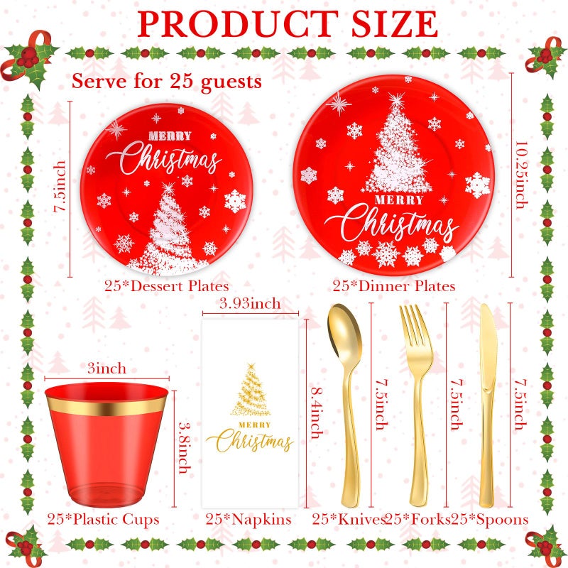 Maxcheck Maxcheck 175 Pcs Christmas Plastic Dinnerware Merry Christmas Plate Set 25 Dinner Plate 25 Dessert Plate 25 Napkin 25 Fork 25 Knives 25 Spoon 25 Cup for Xmas Holiday Party Supplies Serve for 25  - Image 2