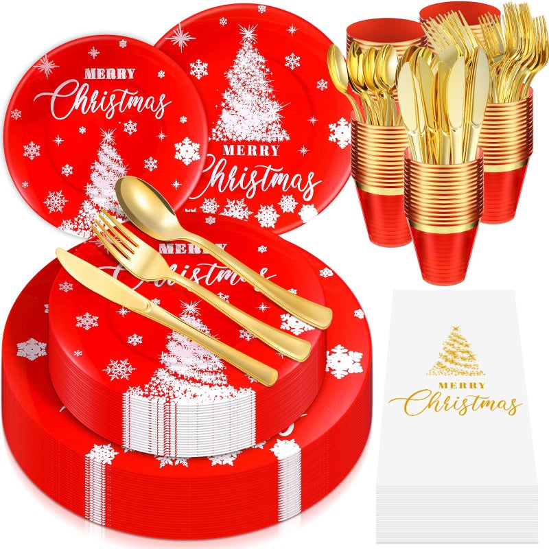 Maxcheck Maxcheck 175 Pcs Christmas Plastic Dinnerware Merry Christmas Plate Set 25 Dinner Plate 25 Dessert Plate 25 Napkin 25 Fork 25 Knives 25 Spoon 25 Cup for Xmas Holiday Party Supplies Serve for 25  - Image 1