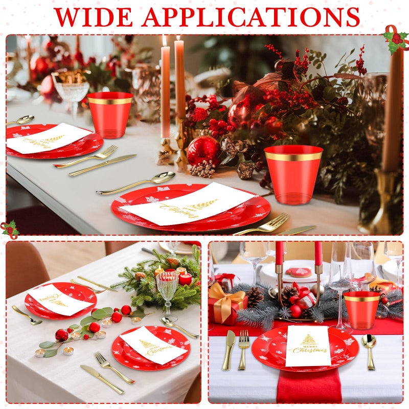 Maxcheck Maxcheck 175 Pcs Christmas Plastic Dinnerware Merry Christmas Plate Set 25 Dinner Plate 25 Dessert Plate 25 Napkin 25 Fork 25 Knives 25 Spoon 25 Cup for Xmas Holiday Party Supplies Serve for 25  - Image 4