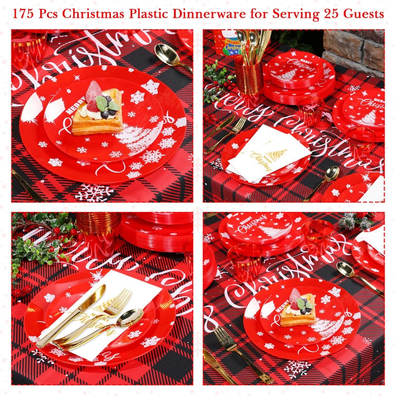 Maxcheck Maxcheck 175 Pcs Christmas Plastic Dinnerware Merry Christmas Plate Set 25 Dinner Plate 25 Dessert Plate 25 Napkin 25 Fork 25 Knives 25 Spoon 25 Cup for Xmas Holiday Party Supplies Serve for 25  - Image 5