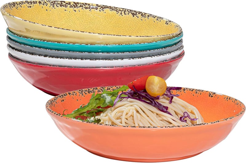 ZAROCRUS Vintage Pasta Bowl Melamine Pasta Bowls Set of 6 42 OZ Large Corlorful Serving Bowl for Kitchen Dishwasher Safe SaladSoupFruit Dinner Bowls Shallow Pasta Plates Multicolor - Image 1