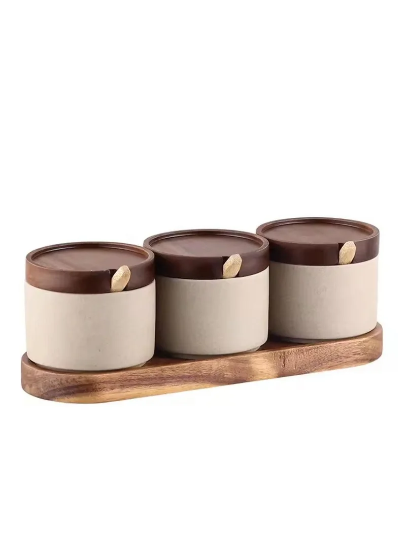 QUESERA Set of 3 CERAMIC  Serving Bowls with Lids and A wooden tray and a spoon, Divided Serving Dishes Removable Snack Bowls for Appetizers, Chips, Fruits, Nuts, Candy, Condiments (Grey)
