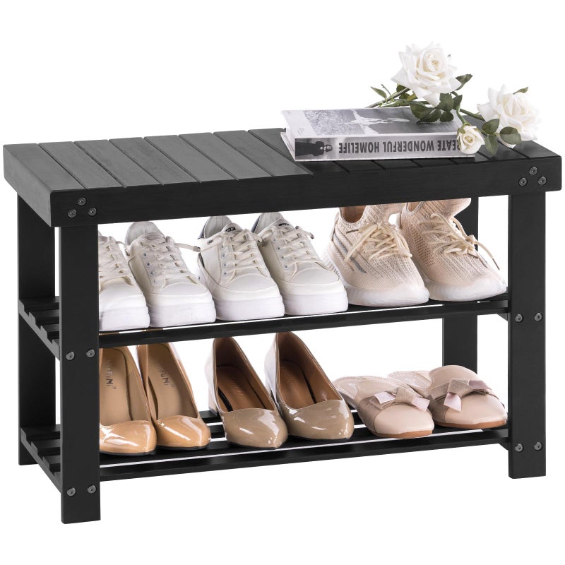 Apicizon Bamboo Shoe Rack for Entryway 3Tier Shoe Rack Bench for Front Door Entrance Small Shoe Organizer with Storage Black