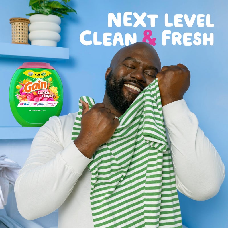 Gain Super Flings Laundry Detergent Pacs, 45 Count, Hibiscus Hula scent, irresistibly clean and fresh washing detergent laundry soap pacs - Image 4