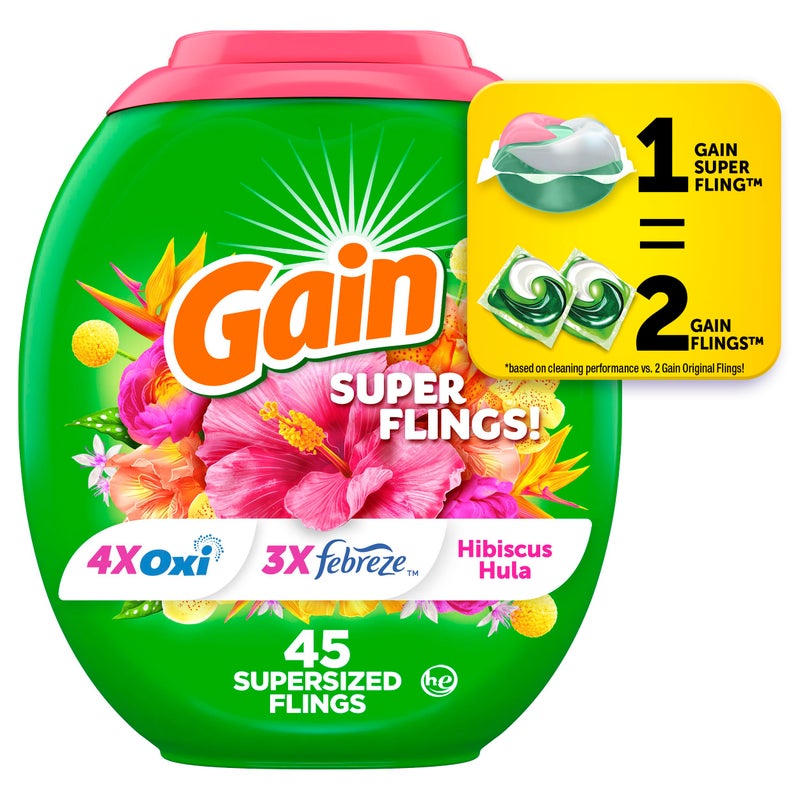 Gain Super Flings Laundry Detergent Pacs, 45 Count, Hibiscus Hula scent, irresistibly clean and fresh washing detergent laundry soap pacs - Image 1