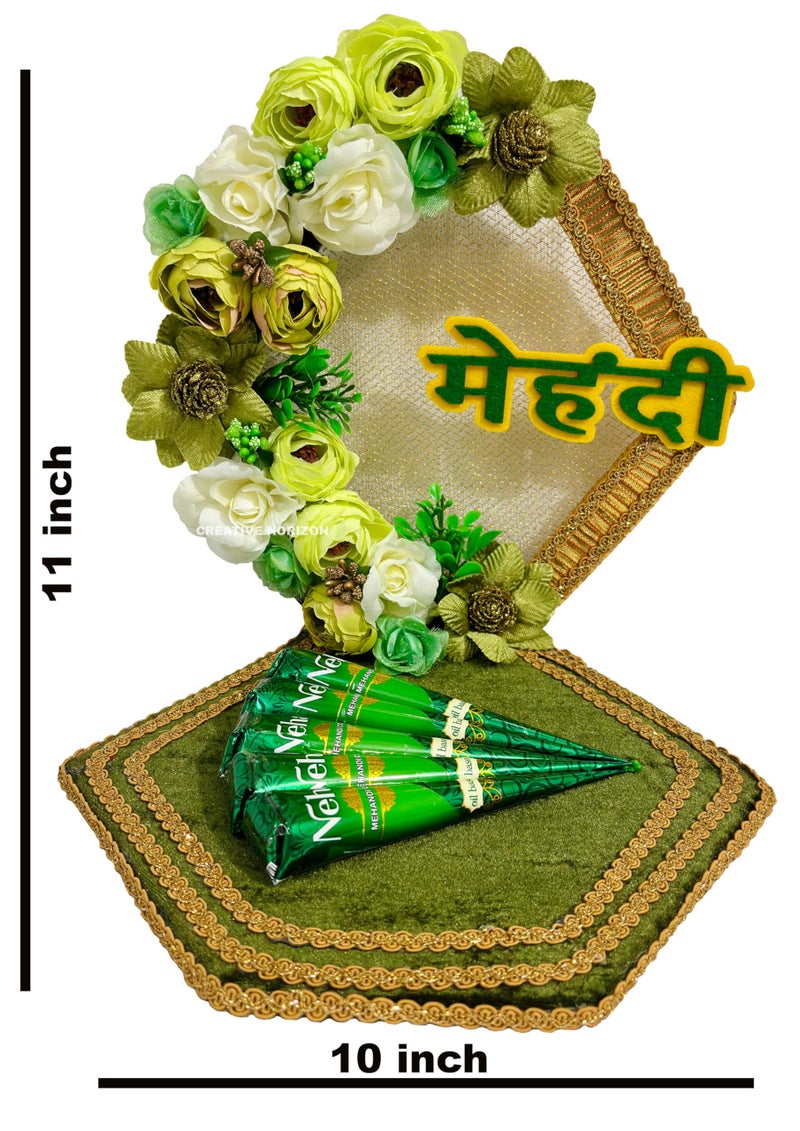 CREATIVE HORIZON صينية مهدى بتصميم زهور من كرييتف هوريزون لحفل الزفاف مع 5 مخروط مهدى مزخرف - Image 4