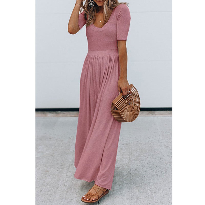 Spot eBay hot style European and American women's clothing new round neck short-sleeved long jumpsuit OM9022 Redwine M - Image 4