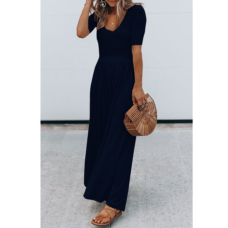 Spot eBay hot style European and American women's clothing new round neck short-sleeved long jumpsuit OM9022 Redwine M - Image 3